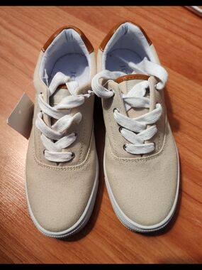 Crewcuts Beige Canvas Kids Sneakers with White Laces